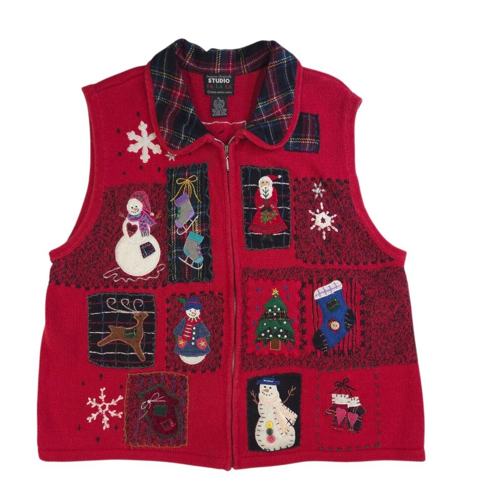 Designers Original Studio Christmas Vest Women's XL Red Snowman Santa Reindeer
